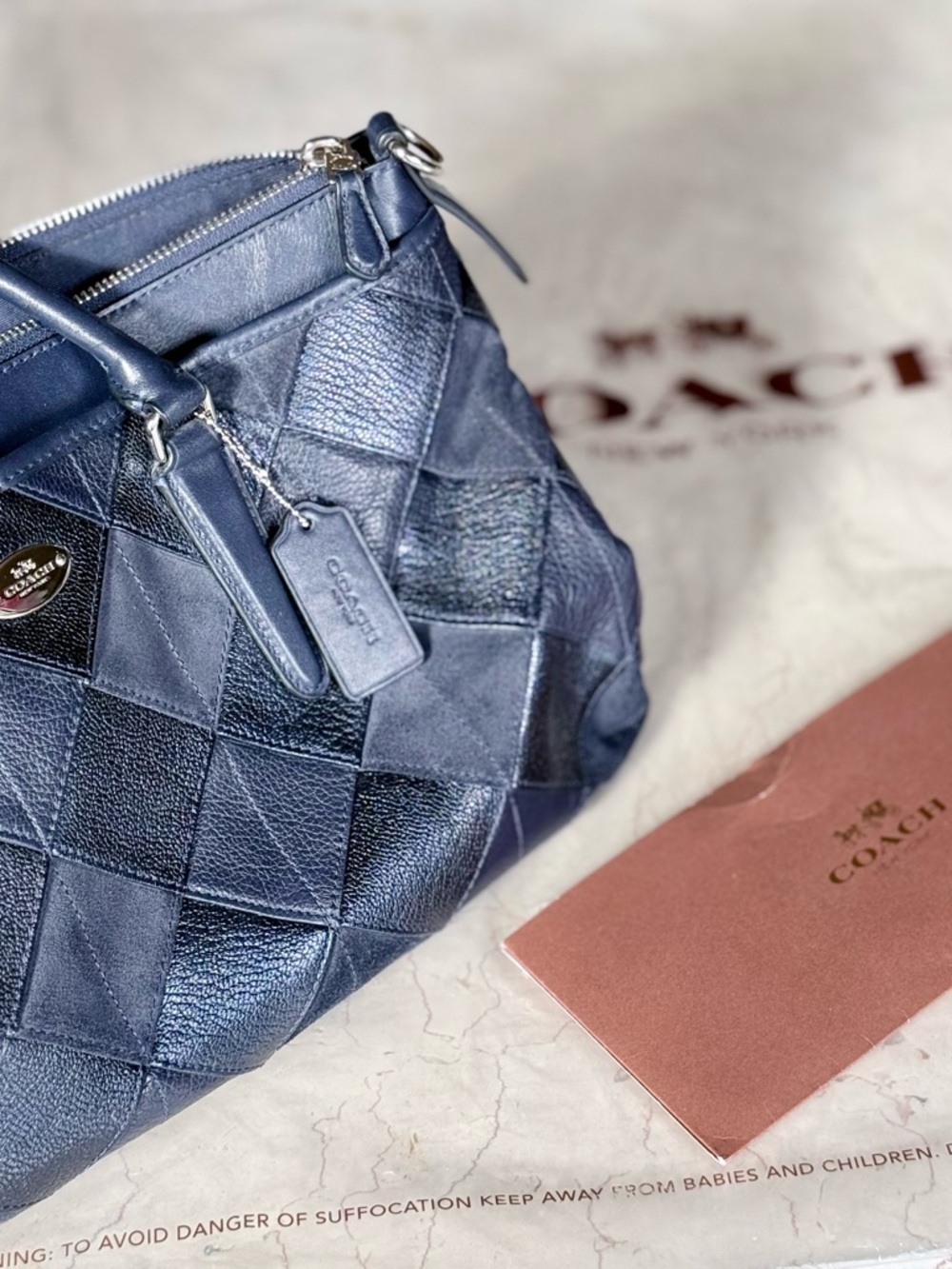 Coach Morgan Navy Patchwork Satchel LNWOT 🤩 Hang Tag Adust Strap & Bonus Scarf - Picture 3 of 16